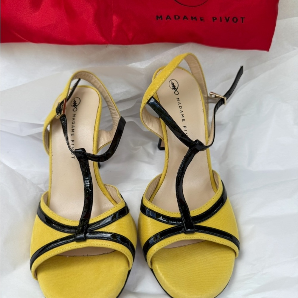 MAdame Pivot Yellow and Black Heels
